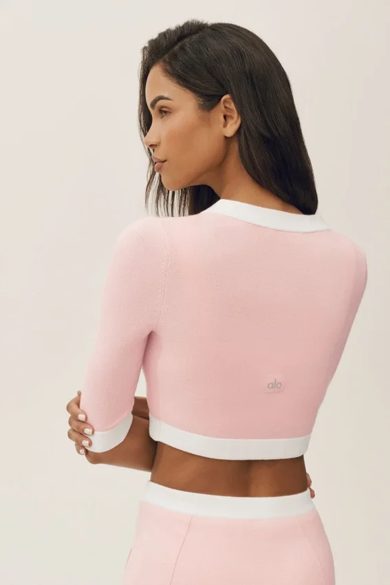 Kort capri-cardigan i bomull og kashmir – «Dream» – solfylt rosa/hvit