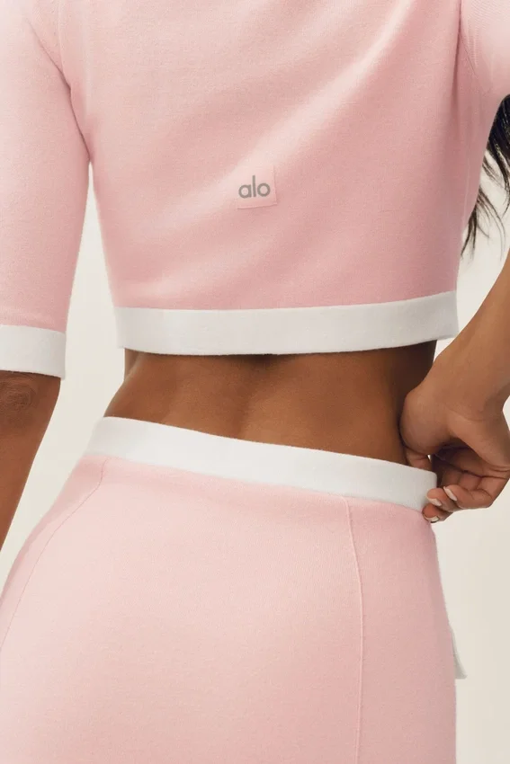 Kort capri-cardigan i bomull og kashmir – «Dream» – solfylt rosa/hvit