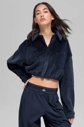 Kort Mountain Side-jakke i ribbet velour – Navy