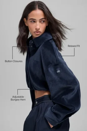 Kort Mountain Side-jakke i ribbet velour – Navy
