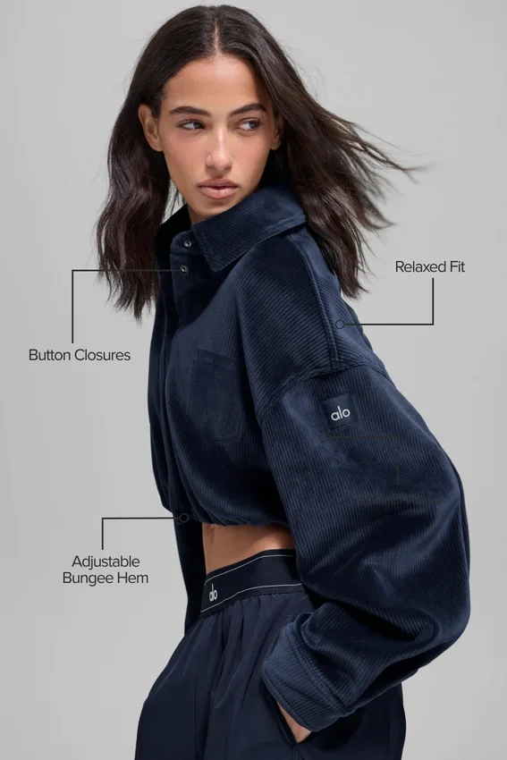 Kort Mountain Side-jakke i ribbet velour – Navy