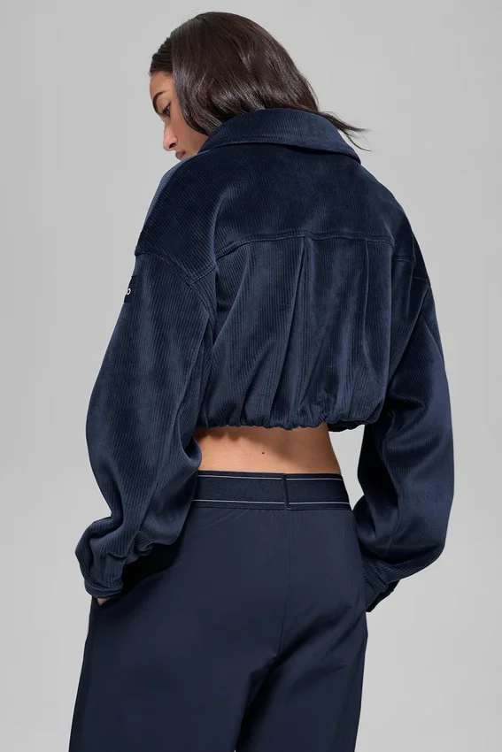 Kort Mountain Side-jakke i ribbet velour – Navy