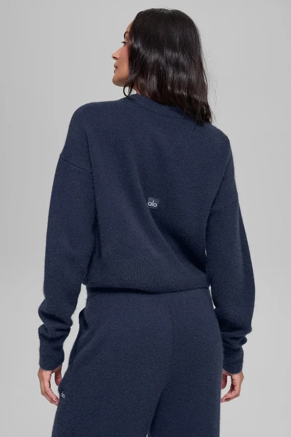 Kort New Class-strikkegenser i ull og kashmir med rund hals – Navy