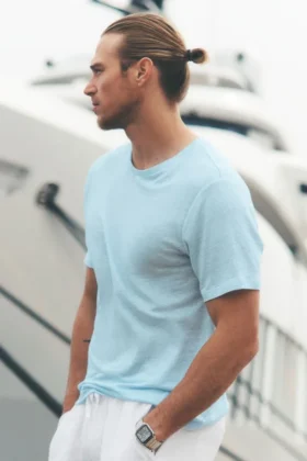 Kortermet T-skjorte i linjersey – Seaside Blue