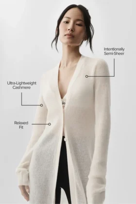 Lang, gjennomsiktig kashmir-cardigan – elfenben