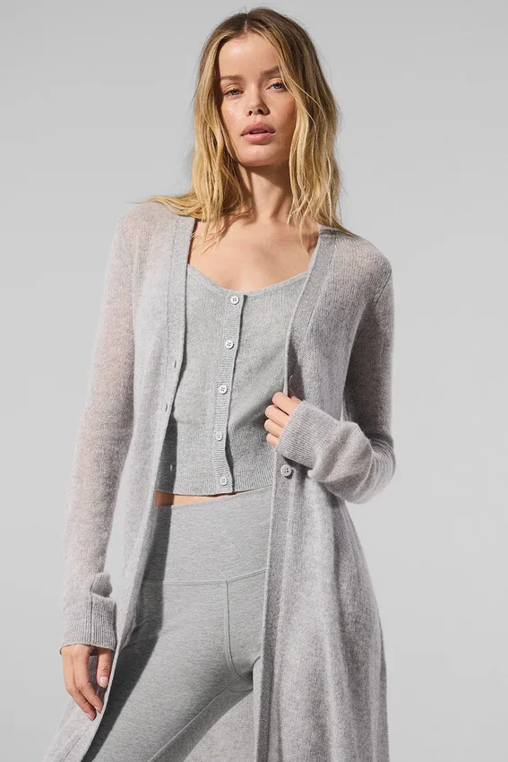 Lang kardigan i gjennomsiktig kashmir – Athletic Heather Grey