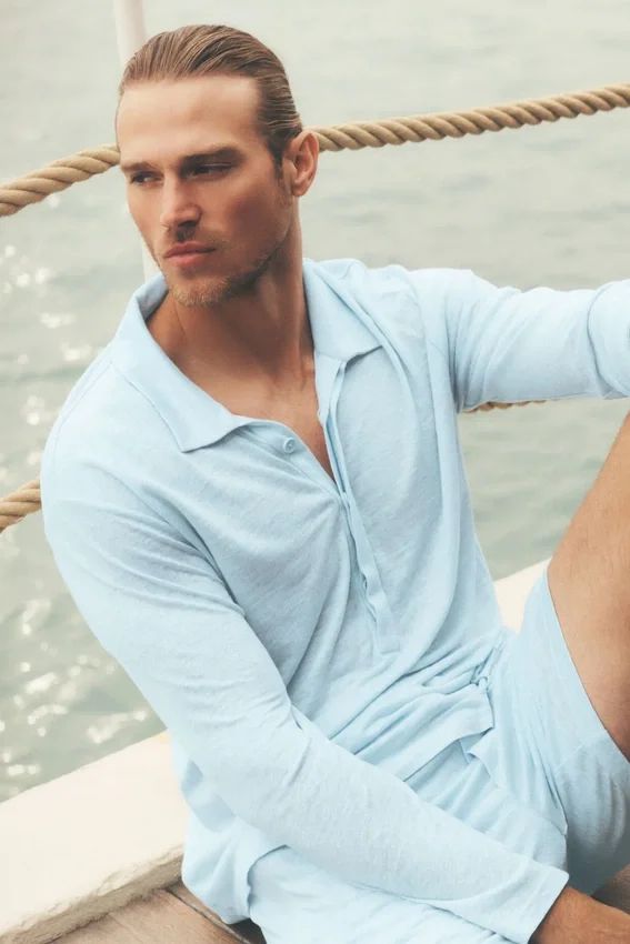 Langermet genser i linjersey «Coastal» – Seaside Blue
