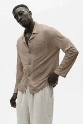 Lin-jersey «Coastal» langermet skjorte med knapper – Gravel