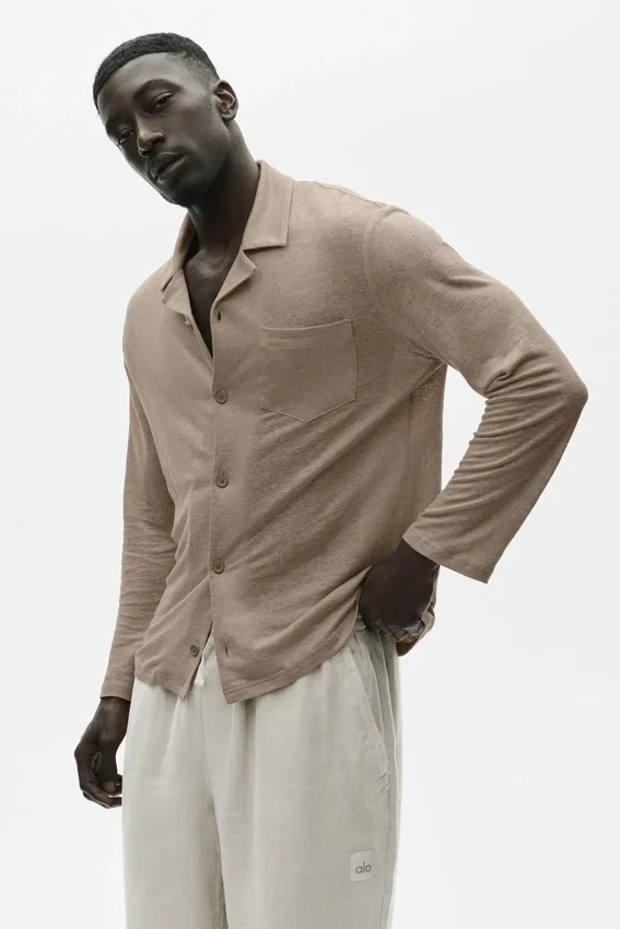 Lin-jersey «Coastal» langermet skjorte med knapper – Gravel