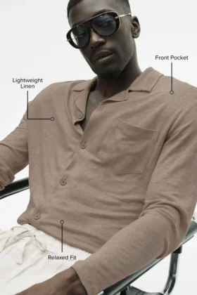 Lin-jersey «Coastal» langermet skjorte med knapper – Gravel