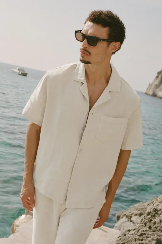 Linen Days kortærmet skjorte med knapper – Bone