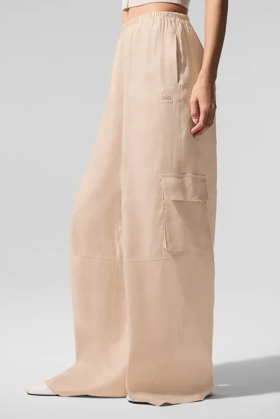 Linen Getaway Cargo-bukser med vide ben – Macadamia