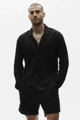 Linen Jersey Coastal langermet skjorte med knapper – svart