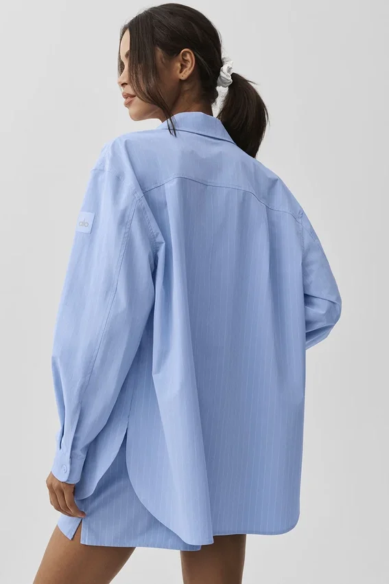 Pinstripe Daylight-skjorte med knapper og langermet – lys Provence-blå/hvit