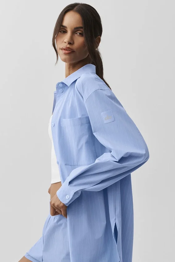 Pinstripe Daylight-skjorte med knapper og langermet – lys Provence-blå/hvit
