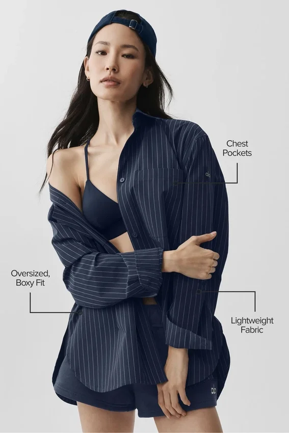 Pinstripe Daylight-skjorte med knapper og langermet – marineblå/elfenben