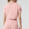 Polo-T-skjorte i myk kashmir med vaffelstrikk – rosa kvarts