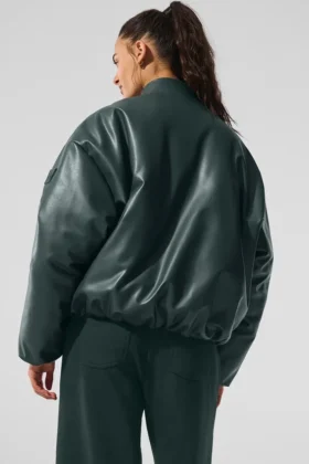 Premier-bomberjakke i imitert skinn – Charcoal Green