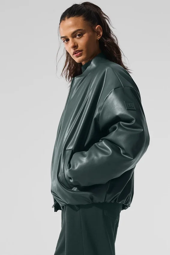 Premier-bomberjakke i imitert skinn – Charcoal Green