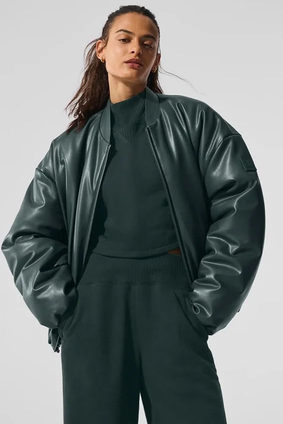 Premier-bomberjakke i imitert skinn – Charcoal Green