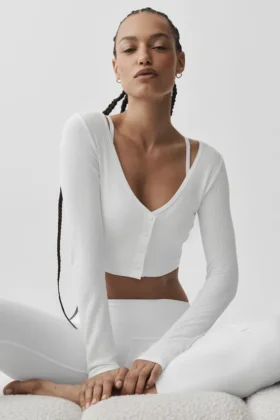 Ribbet, kort Whisper-cardigan – hvit