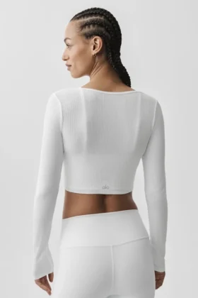 Ribbet, kort Whisper-cardigan – hvit