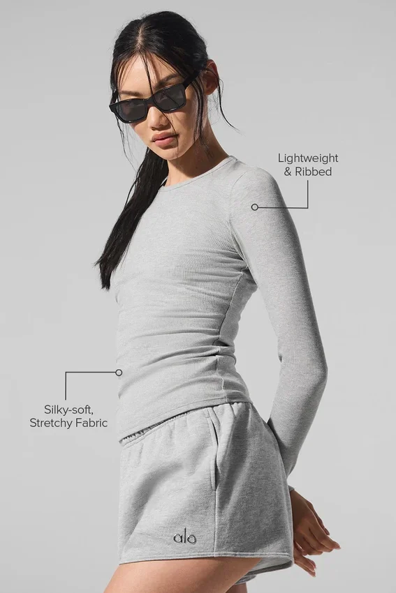 Ribbet langermet modaltrøye – Athletic Heather Grey