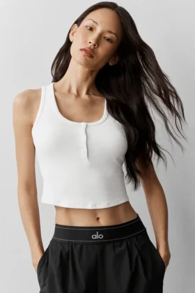 Ribbet modal-henley-singleter – hvit