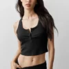 Ribbet modal-henley-singleter – svart