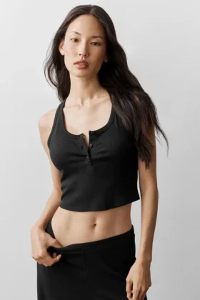 Ribbet modal-henley-singleter – svart