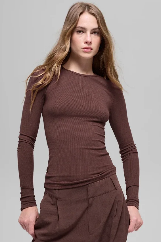 Ribbet modal langermet – Brownstone
