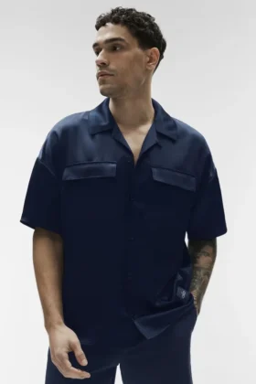 Satin Horizon kortærmet skjorte med knapper – Navy