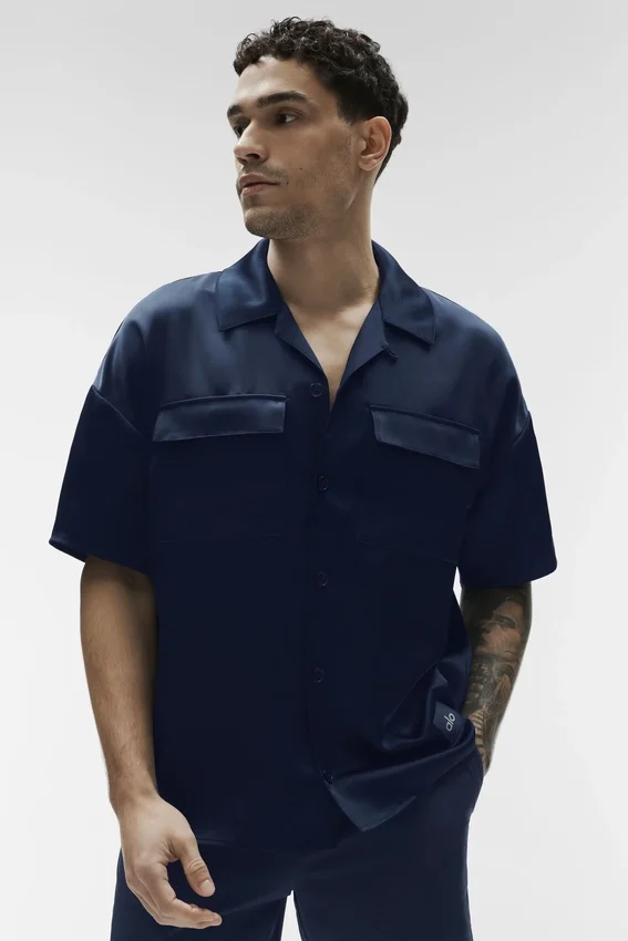 Satin Horizon kortærmet skjorte med knapper – Navy