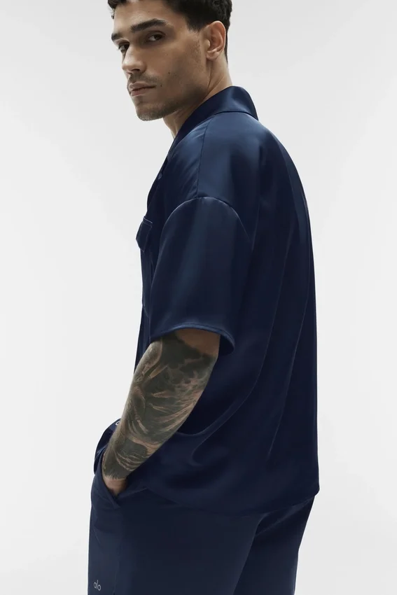 Satin Horizon kortærmet skjorte med knapper – Navy