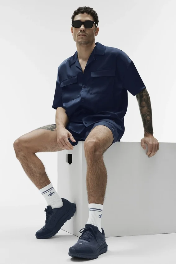 Satin Horizon kortærmet skjorte med knapper – Navy