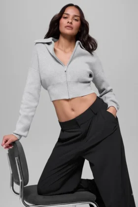 Scholar Knit kort jakke med gjennomgående glidelås – Athletic Heather Grey