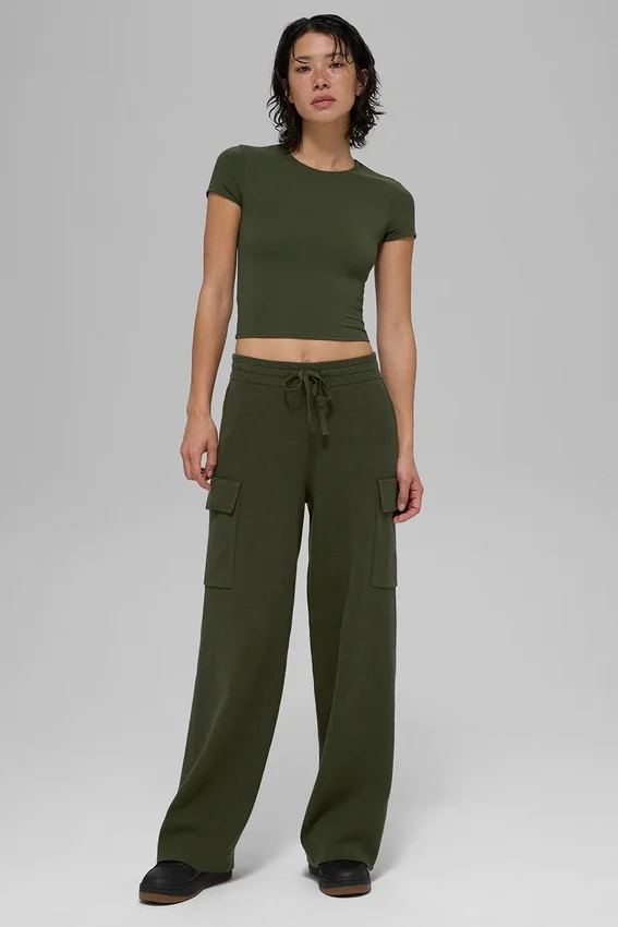 Scholar strikkede High-Waist cargobukser – olivengrønn