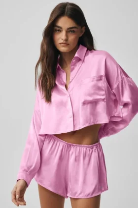 Silk Luminous kort knappeskjorte langermet – Candy Heart Pink