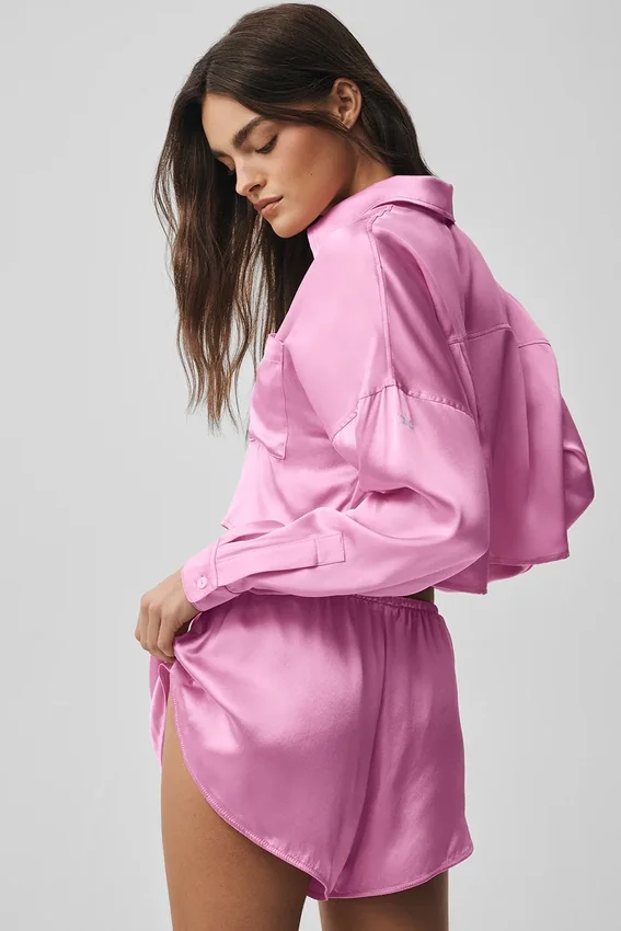 Silk Luminous kort knappeskjorte langermet – Candy Heart Pink