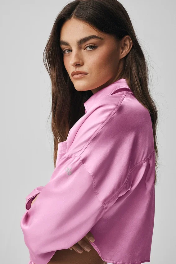 Silk Luminous kort knappeskjorte langermet – Candy Heart Pink