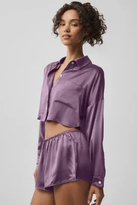 Silk Luminous kort knappeskjorte langermet – Plum Kiss