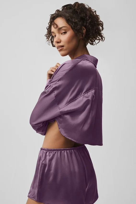 Silk Luminous kort knappeskjorte langermet – Plum Kiss