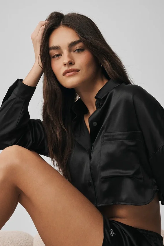 Silk Luminous kort knappeskjorte langermet – svart