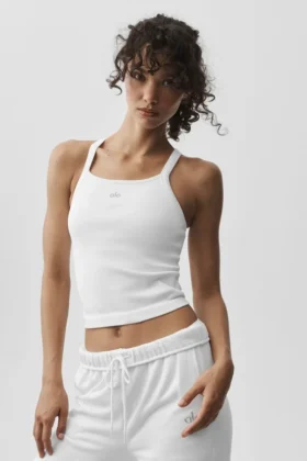 Sømløs ribbet Favorite-tanktop med BH i full lengde – hvit