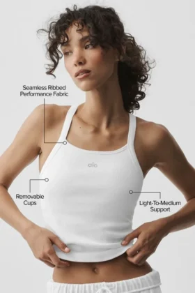 Sømløs ribbet Favorite-tanktop med BH i full lengde – hvit