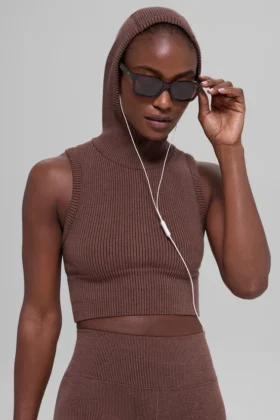 Sømløs tofarget ribbet vest med hette – Brownstone Heather