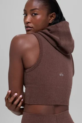 Sømløs tofarget ribbet vest med hette – Brownstone Heather