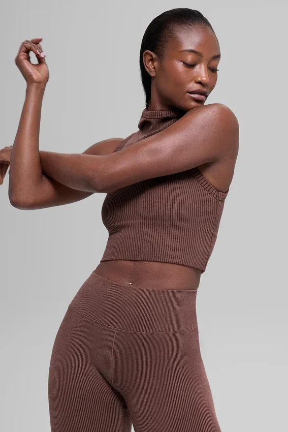 Sømløs tofarget ribbet vest med hette – Brownstone Heather