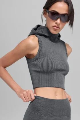 Sømløs tofarget ribbet vest med hette – Dark Misty Grey Heather