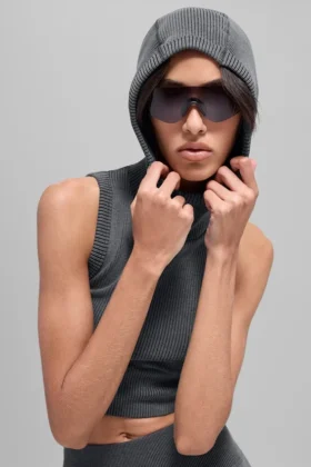 Sømløs tofarget ribbet vest med hette – Dark Misty Grey Heather